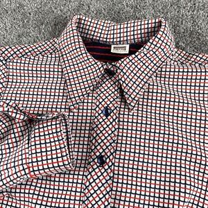 Vintage Montgomery Ward Shirt Mens Large Orange Navy White Grid Stretch 60s RARE